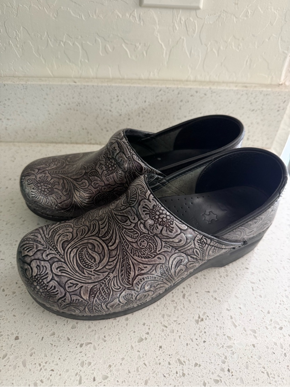 Dansko Women's Embossed Floral Clogs - Black Silver